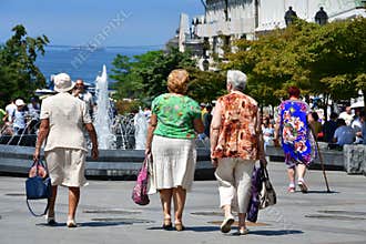 Vladivostok, Russia, July, 29,2018. Pensioners walking on the street of Admiral Fokin in summer in Vladivostok