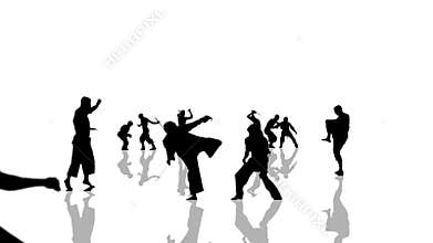 Martial arts people silhouettes moving towards the camera. Seamlessly loopable animation.