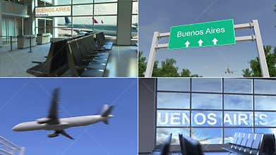 Trip to Buenos Aires. Airplane arrives to Argentina conceptual montage animation