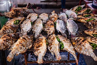 Thai Fish cooking grill burn on charcoal