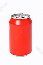 Can of red drink on white background