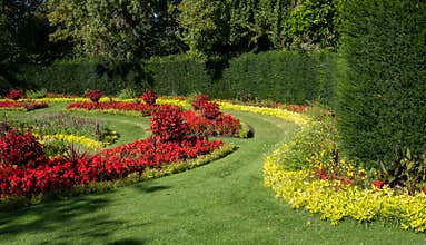 Formal flower gardens with red and yellow flowers in Regent`s Park in central London UK. The flower beds are planted for autumn.