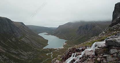4k aerial footage of Loch Avon in Cairngorm mountains