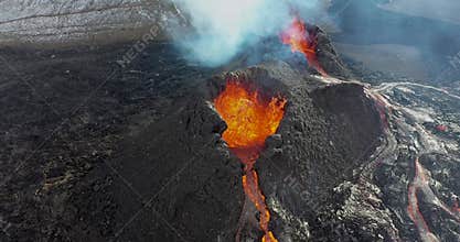 4K Drone aerial video of Iceland Volcanic eruption 2021. The volcano Fagradalsfjall is located in the valley