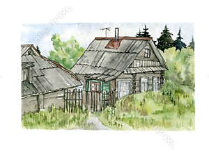 Watercolor illustration of a country cottage. The grey wooden house in the village is surrounded by green trees and