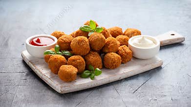 Meat free vegetarian mini picnic scotch eggs with micoprotein and herbs served with ketchup and mayonnaise