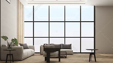 Interior design of modern luxury living room with white sofa and armchair set, grey wall decorate built-in, sunlight at the window