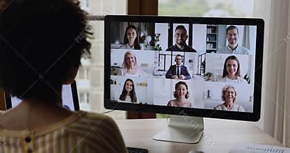 Young black female participate at online training in conference app