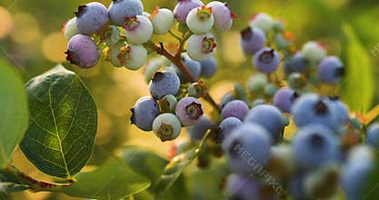 Blueberry bush on sunset, organic ripe with succulent berries, just ready to pick
