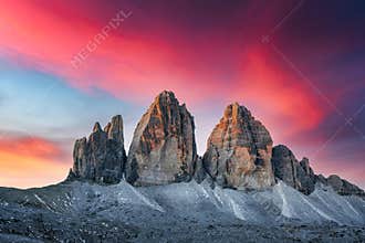 Incredible view of the Three Peaks of Lavaredo on sunset time