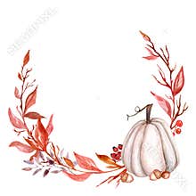 Watercolor Autumn Clipartwith white beige orange pumpkins Fall Clip Art Fall Leaves Berries Acorns Fall