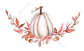 Watercolor Autumn Clipartwith white beige orange pumpkins Fall Clip Art Fall Leaves Berries Acorns Fall