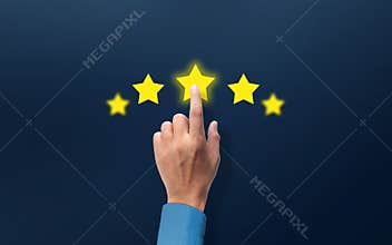 Human hand Rating five star review. Customer satisfaction and satisfied Shopper Positive Feedback. Customer Service