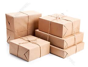 Group of parcel wrapped with brown packing paper