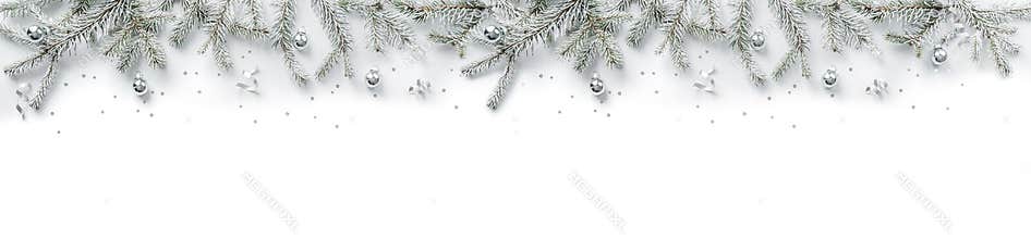 Merry Christmas wreath made of fir branches, white and silver decorations, sparkles and confetti on white background. Xmas and New