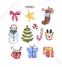 Watercolor Christmas clip art set. Hand painted winter pine tree,snowman, stocking, candy cane, gifts, deer Rudolf cookie, star