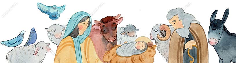border of Christian Nativity scene on white background.