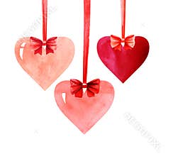Watercolor image of three red hearts hanging on bright ribbons with cute bows. Decoration for St. Valentineâ€™s day or wedding.