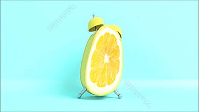 A vintage clock shaped lemon is waking up and stretching. Loop video. 3D rendering.