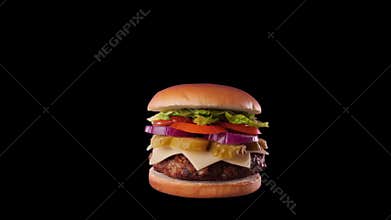 Fast food burger spinning, with ingredient catapulted on top - alpha channel included