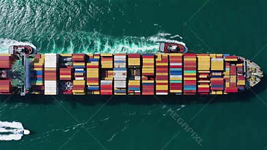 Large Container Ship in Sea. Aerial Top-Down View