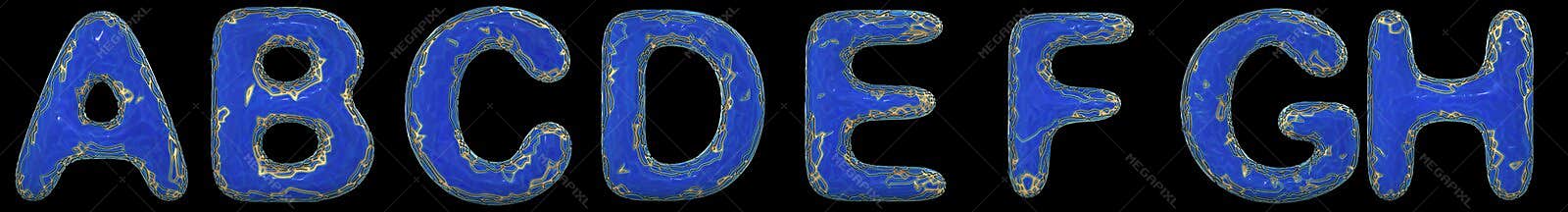 Realistic 3D letters set A, B, C, D, E, F, G, H made of gold shining metal letters.