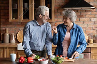 Older couple cooking together healthy food in modern kitchen