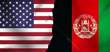 United States Vs Afghanistan Waving flag with Crack during current situation. War Concept Backdrop.