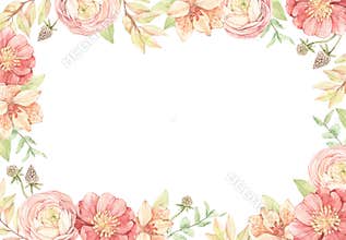 Watercolor floral frame with gentle field flowers, leaves, eucalyptus, branches. Rectangle botanical card with Ranunculus, lilies