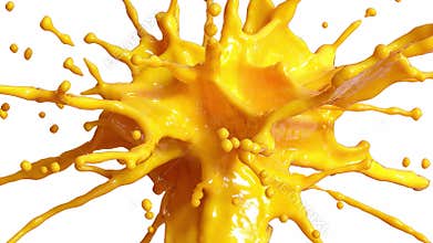 Slow Motion shot of orange juice splash isolated on white background with alpha channel. 3d 4K