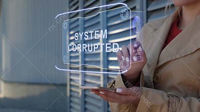 Businesswoman interacts HUD System Corrupted