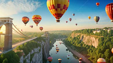 Colorful hot air balloons flying over Danube river, Hungary, Clifton Suspension Bridge with hot air balloons in the Bristol