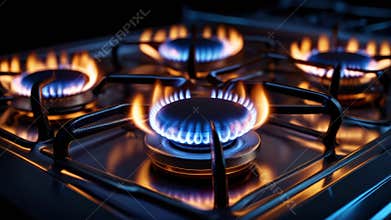 Blue flames burning on a gas stove top