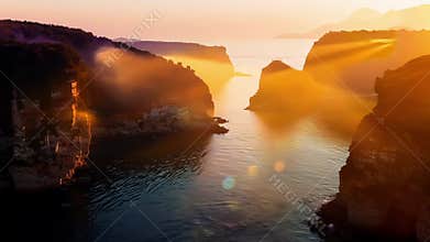 A dazzling sight of the suns reflection on the calm waters surrounding the coastal cliffs as the last rays of light bid