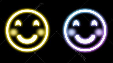 animated blushing face icon in bright neon light on black background