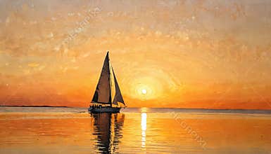 Sailboat sailing at sunset on calm water