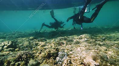 Divers swim under boat preparing for diving session