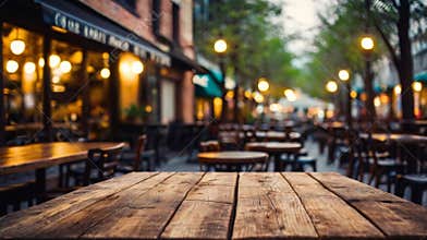 Empty wooden tabletop with blurred street cafe background