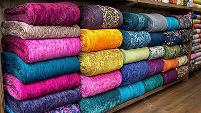Colorful textiles displayed in a vibrant shop showcasing fabrics in various shades and patterns
