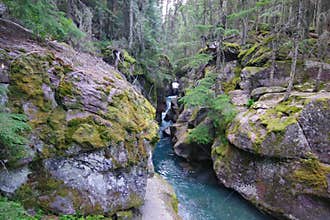 Glacier National Park, Montana, USA - 27 July 2024: Waterfall along the Trail of the Cedars