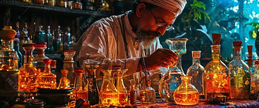 Alchemist in a dimly lit lab surrounded by glowing potions and glassware
