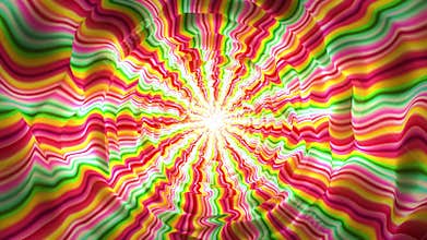 Seamless loop background with colorful wavy tunnel made of psychedelic stripes patterns with shiny light