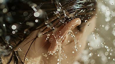 Water droplets dripping off a persons hair in the aftermath of a theutic cold shower