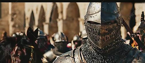 A cinematic still of medieval knights in armor charging into battle