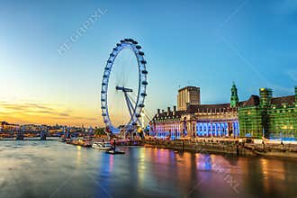 The London Eye at night in London, England.