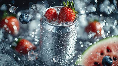 Soft-drink can 330ml floating, strawberries and watermelon in the air