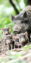 Wild boar family walking in lush forest with baby piglets exploring nature