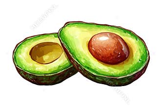 Delicious watercolor illustration of a halved avocado showcasing its vibrant colors
