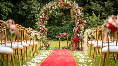 Cottage wedding decoration in the countryside, floral decor and event celebration, flowers, wedding aisle, wedding cake