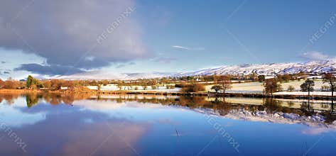 Snowy hills and crisp blue lake.